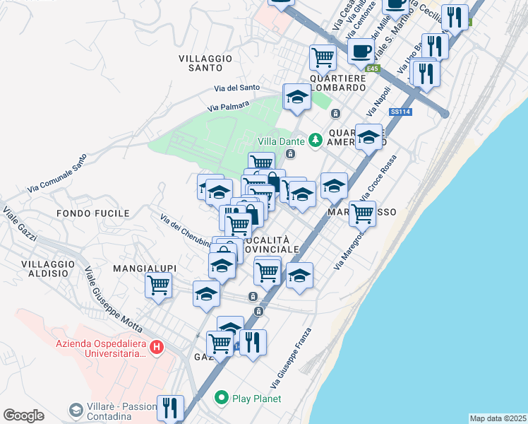 map of restaurants, bars, coffee shops, grocery stores, and more near 13 Via Giuseppe Bottone in Messina