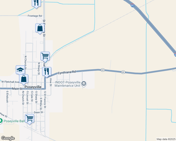 map of restaurants, bars, coffee shops, grocery stores, and more near 96 Walnut Street in Poseyville