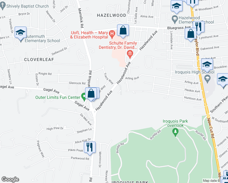 map of restaurants, bars, coffee shops, grocery stores, and more near 4911 Hazelwood Avenue in Louisville
