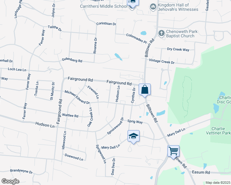 map of restaurants, bars, coffee shops, grocery stores, and more near 9704 Hudson Lane in Louisville