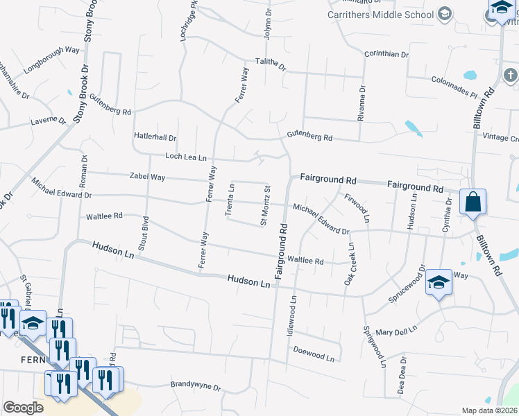 map of restaurants, bars, coffee shops, grocery stores, and more near 9244 Saint Moritz Street in Louisville