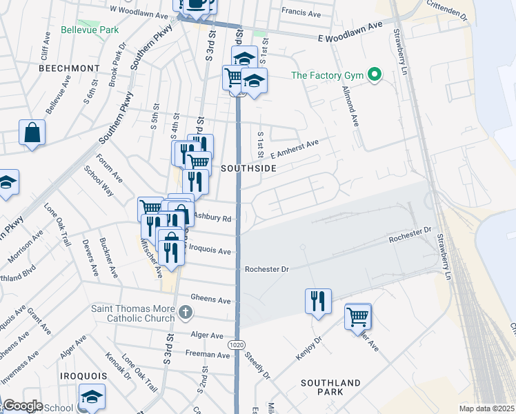 map of restaurants, bars, coffee shops, grocery stores, and more near 5106 South 1st Street in Louisville