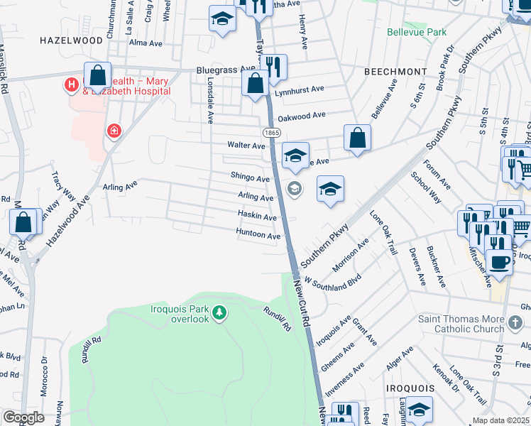 map of restaurants, bars, coffee shops, grocery stores, and more near 1313 Haskin Avenue in Louisville