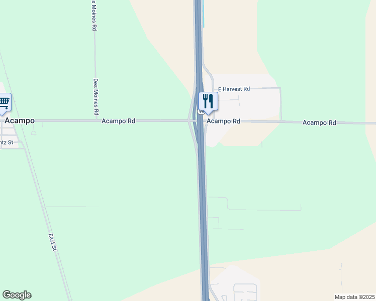 map of restaurants, bars, coffee shops, grocery stores, and more near 20707 California 99 in Acampo