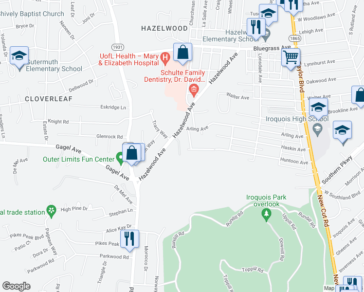 map of restaurants, bars, coffee shops, grocery stores, and more near 4911 Hazelwood Avenue in Louisville