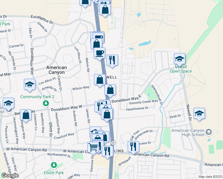 map of restaurants, bars, coffee shops, grocery stores, and more near 3600 Broadway Street in American Canyon