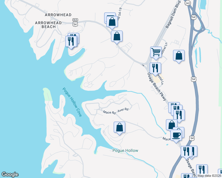 map of restaurants, bars, coffee shops, grocery stores, and more near Aver Road in Osage Beach