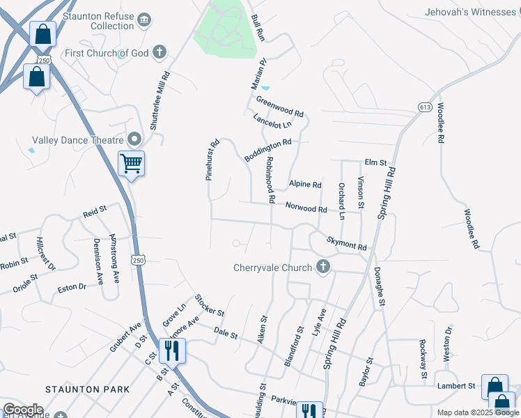 map of restaurants, bars, coffee shops, grocery stores, and more near 404 Norwood Road in Staunton