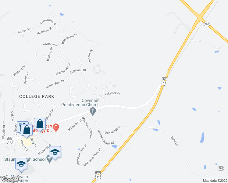 map of restaurants, bars, coffee shops, grocery stores, and more near 306 Laketree Drive in Staunton