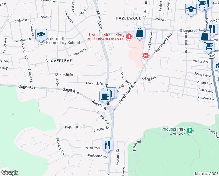 map of restaurants, bars, coffee shops, grocery stores, and more near 5406 Rolling Ridge Road in Louisville
