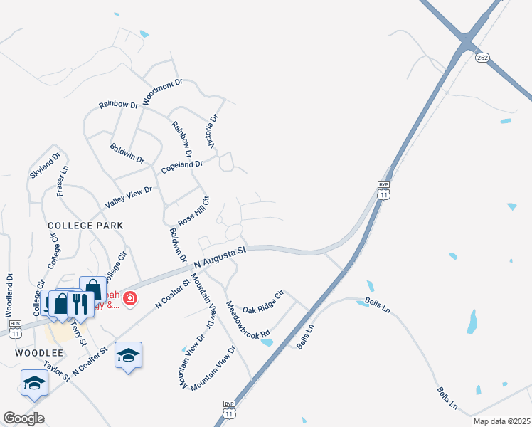 map of restaurants, bars, coffee shops, grocery stores, and more near 306 Laketree Drive in Staunton