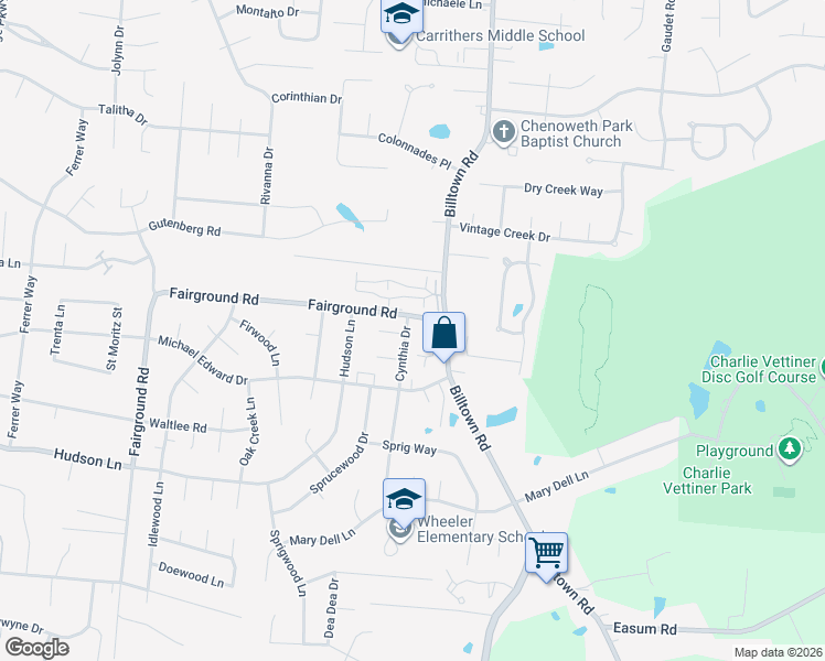 map of restaurants, bars, coffee shops, grocery stores, and more near 10528 Monticello Forest Circle in Jeffersontown