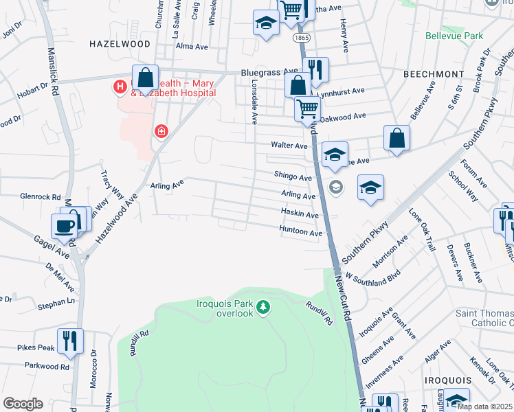 map of restaurants, bars, coffee shops, grocery stores, and more near Haskin Avenue in Louisville