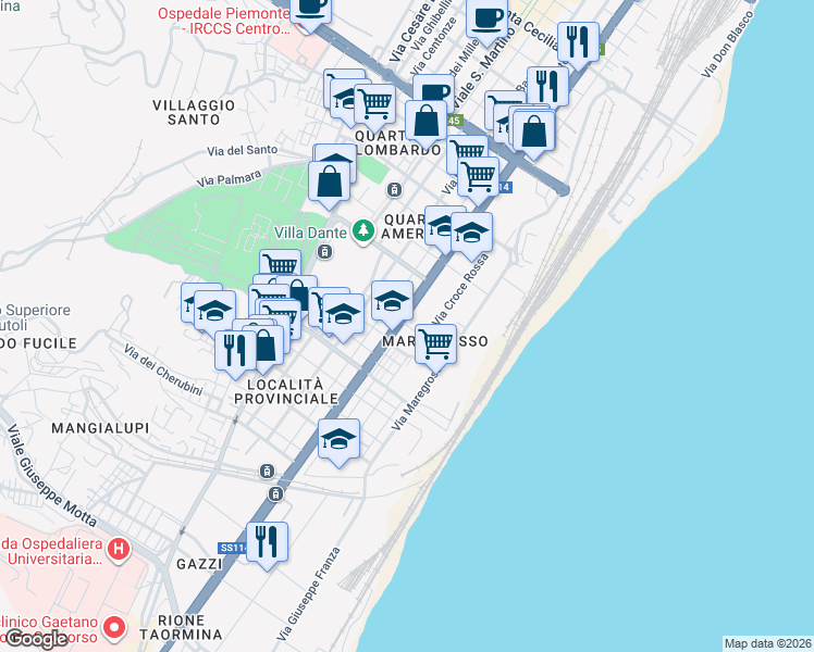 map of restaurants, bars, coffee shops, grocery stores, and more near Viale Roosevelt in Messina