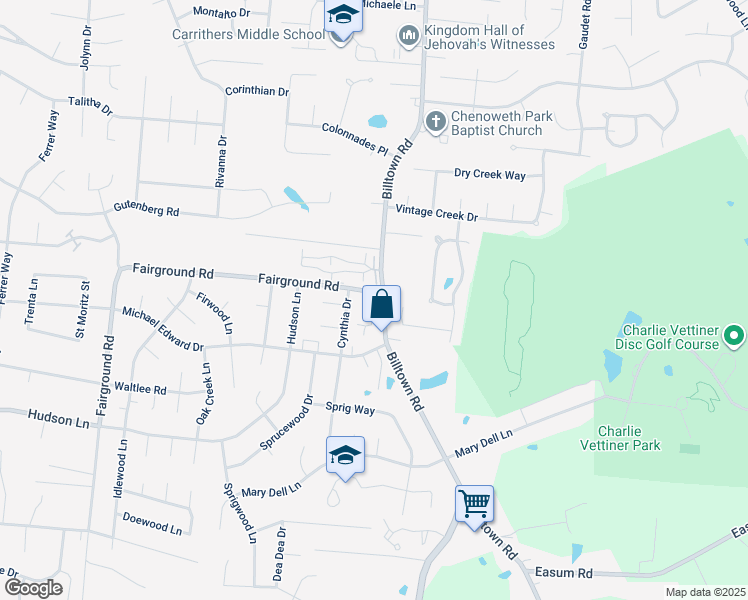 map of restaurants, bars, coffee shops, grocery stores, and more near 10552 Monticello Forest Circle in Jeffersontown