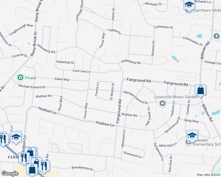 map of restaurants, bars, coffee shops, grocery stores, and more near 9313 Michael Edward Drive in Louisville