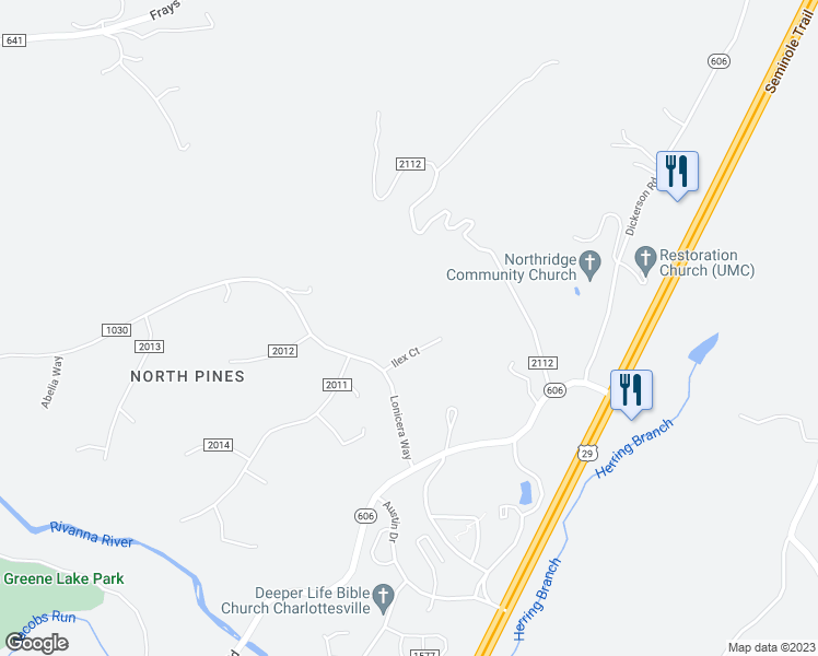 map of restaurants, bars, coffee shops, grocery stores, and more near 2356 Ilex Court in Charlottesville
