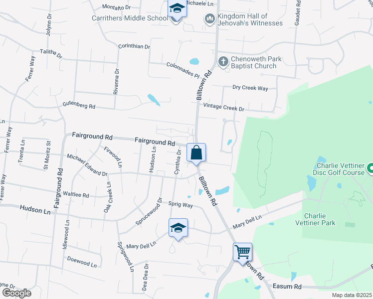 map of restaurants, bars, coffee shops, grocery stores, and more near 10552 Monticello Forest Circle in Jeffersontown