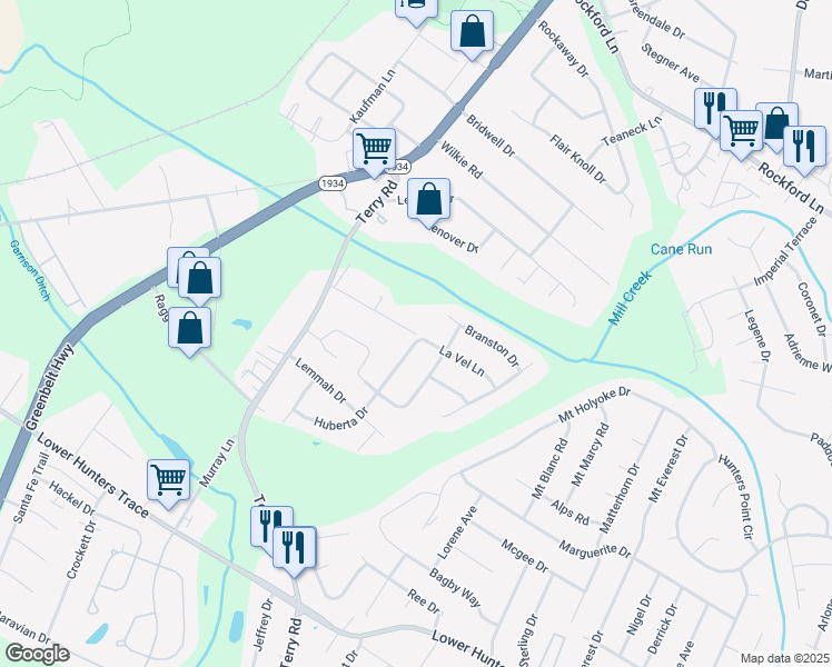 map of restaurants, bars, coffee shops, grocery stores, and more near 2023 La Vel Ln in Louisville