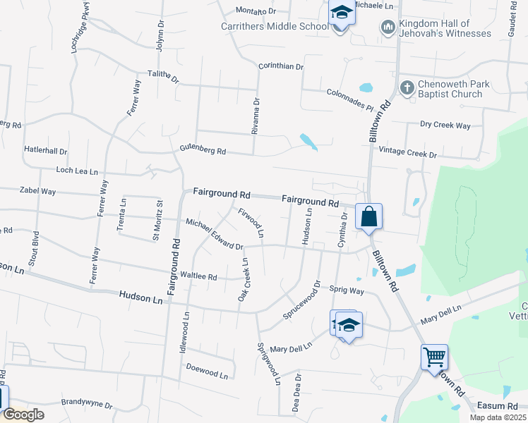 map of restaurants, bars, coffee shops, grocery stores, and more near 9606 Firwood Court in Louisville