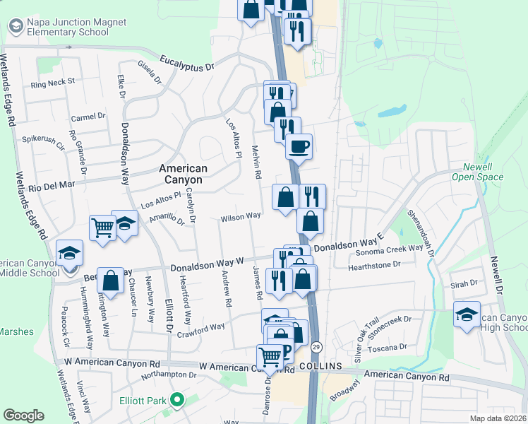 map of restaurants, bars, coffee shops, grocery stores, and more near 4 Melvin Road in American Canyon