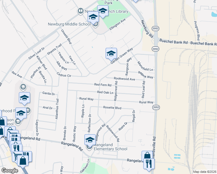 map of restaurants, bars, coffee shops, grocery stores, and more near 5110 Red Fern Road in Louisville