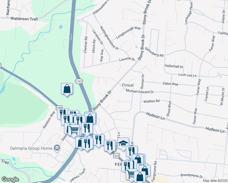 map of restaurants, bars, coffee shops, grocery stores, and more near 5109 Stony Brook Drive in Louisville
