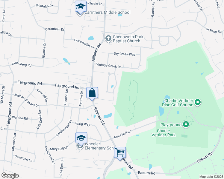 map of restaurants, bars, coffee shops, grocery stores, and more near 5005 Flora Springs Circle in Louisville