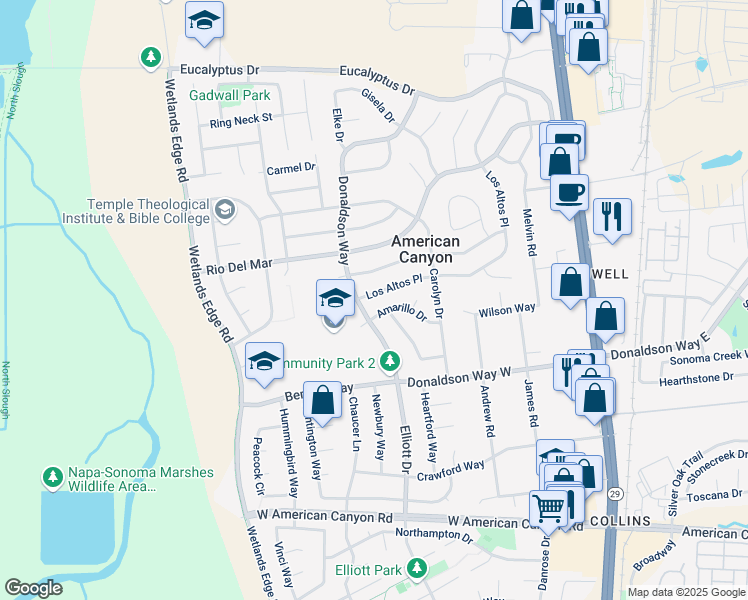 map of restaurants, bars, coffee shops, grocery stores, and more near 347 Los Altos Place in American Canyon