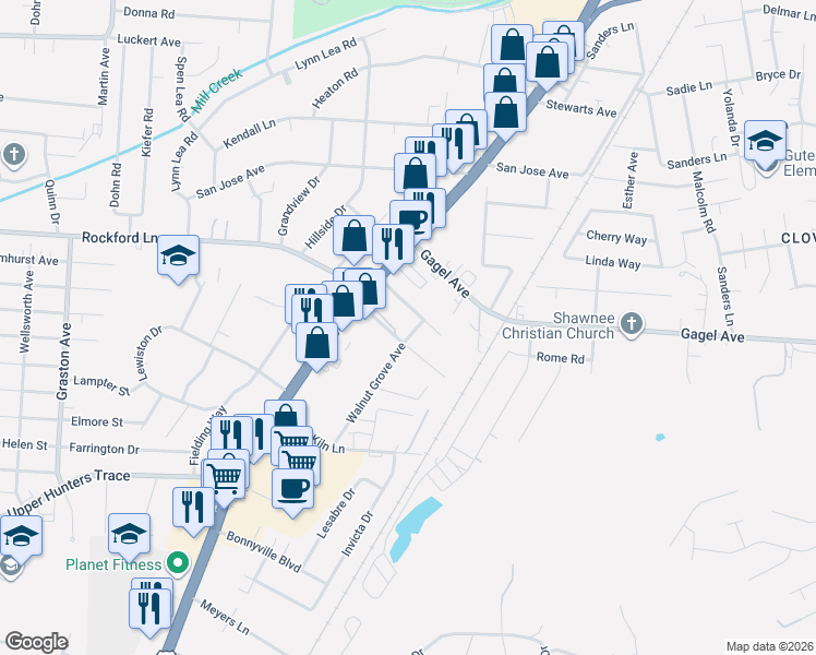 map of restaurants, bars, coffee shops, grocery stores, and more near 1701 Stallings Avenue in Louisville