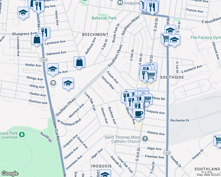 map of restaurants, bars, coffee shops, grocery stores, and more near 528 School Way in Louisville