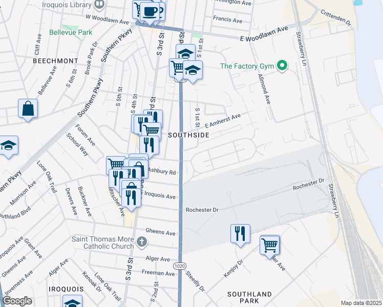 map of restaurants, bars, coffee shops, grocery stores, and more near 105 Kingston Avenue in Louisville