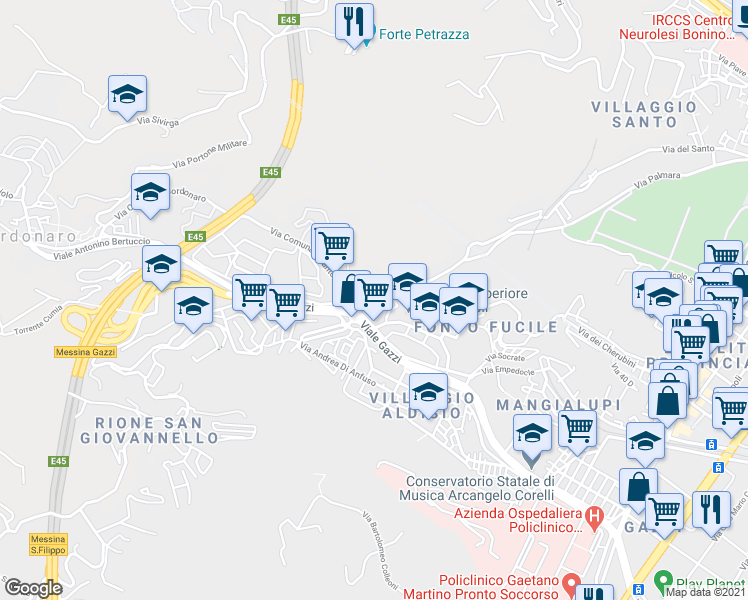 map of restaurants, bars, coffee shops, grocery stores, and more near 244 Via Comunale Santo in Messina