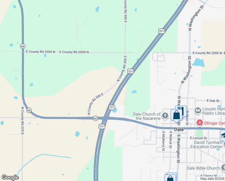 map of restaurants, bars, coffee shops, grocery stores, and more near 19520 North County Road 300 East in Dale