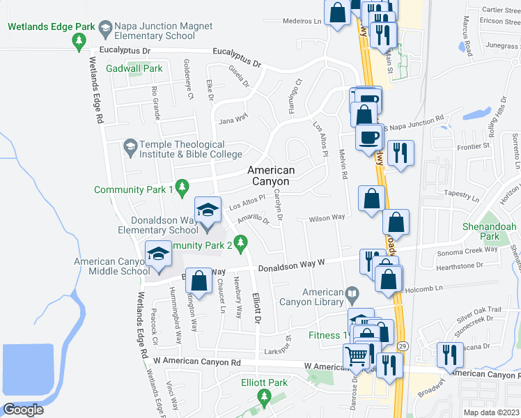 map of restaurants, bars, coffee shops, grocery stores, and more near 9 Alamo Court in American Canyon