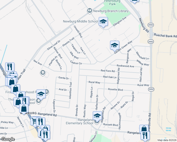 map of restaurants, bars, coffee shops, grocery stores, and more near 4816 Red Fern Road in Louisville