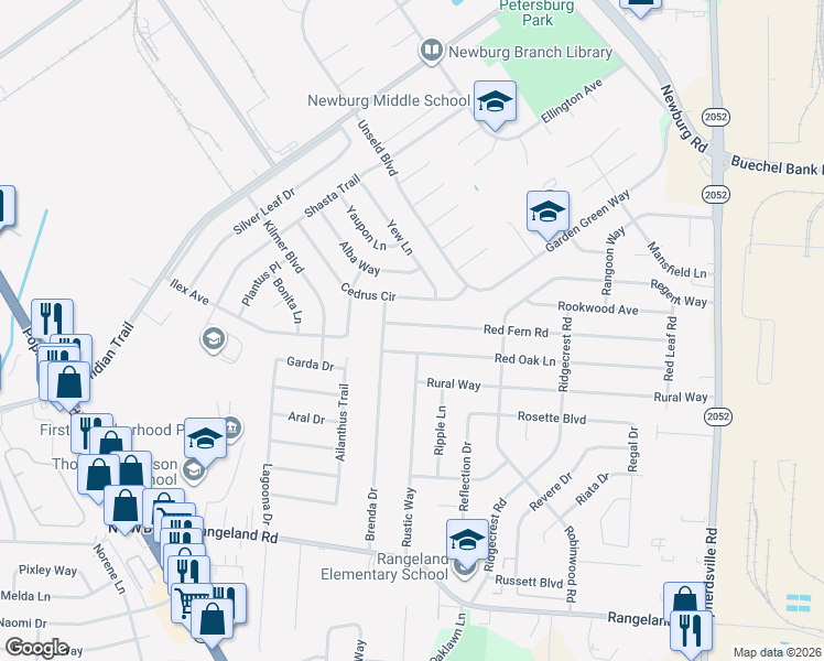 map of restaurants, bars, coffee shops, grocery stores, and more near 4816 Red Fern Road in Louisville