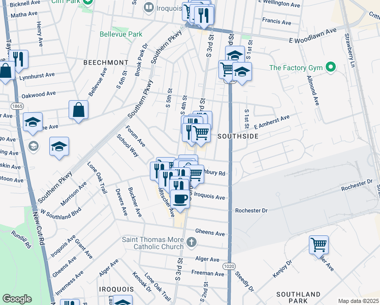 map of restaurants, bars, coffee shops, grocery stores, and more near 5024 South 3rd Street in Louisville