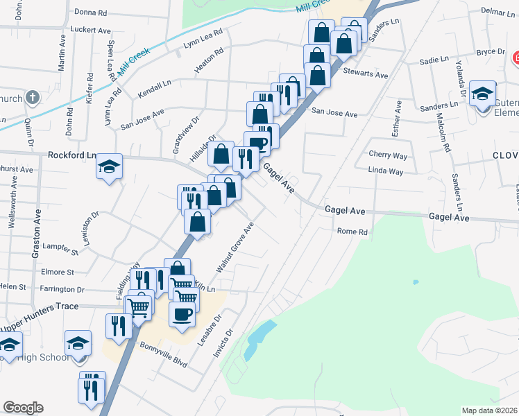 map of restaurants, bars, coffee shops, grocery stores, and more near 4700 Walnut Grove Avenue in Louisville