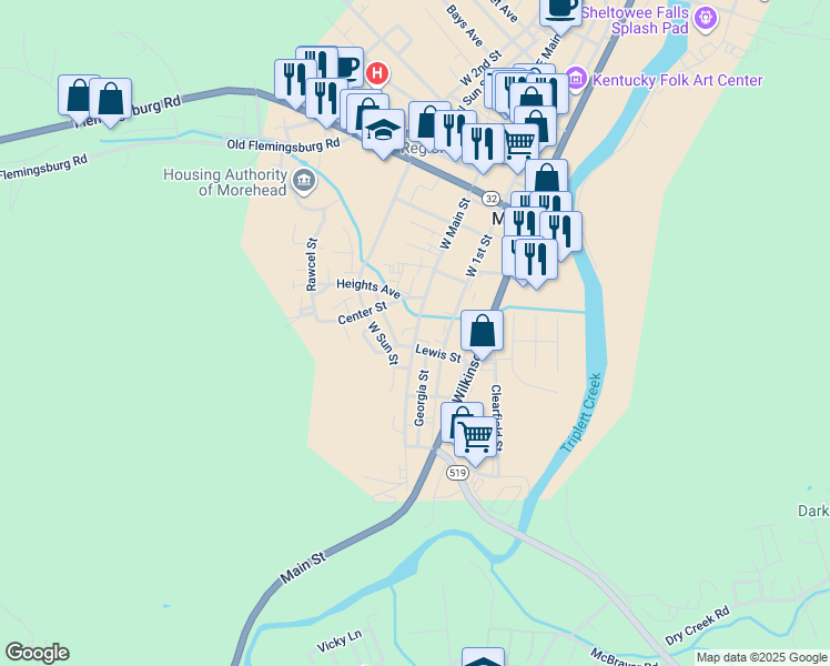map of restaurants, bars, coffee shops, grocery stores, and more near 739 West Main Street in Morehead