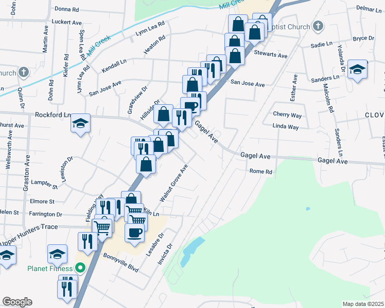 map of restaurants, bars, coffee shops, grocery stores, and more near 1701 Stallings Avenue in Louisville