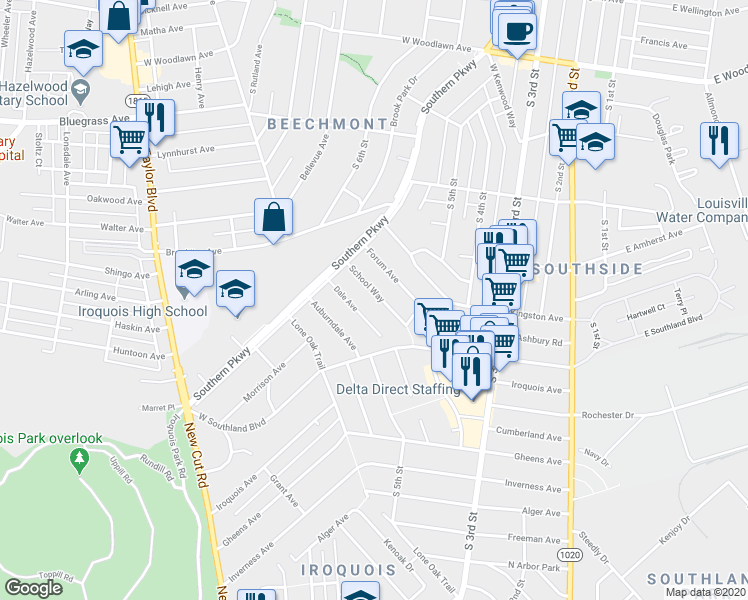 map of restaurants, bars, coffee shops, grocery stores, and more near 528 School Way in Louisville
