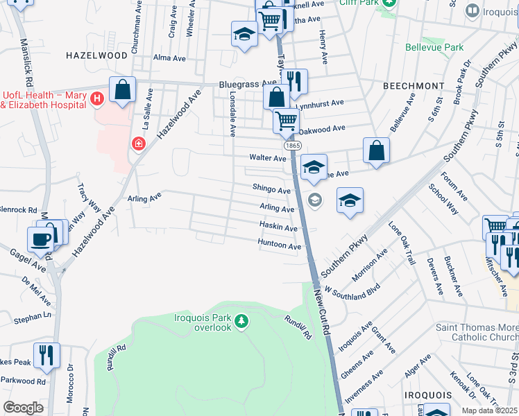 map of restaurants, bars, coffee shops, grocery stores, and more near 1408 Arling Avenue in Louisville