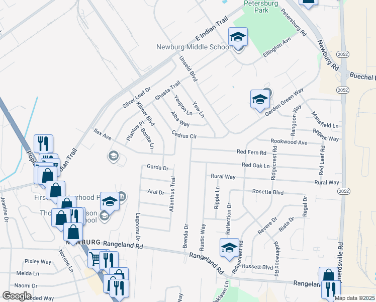 map of restaurants, bars, coffee shops, grocery stores, and more near 4818 Brenda Drive in Louisville