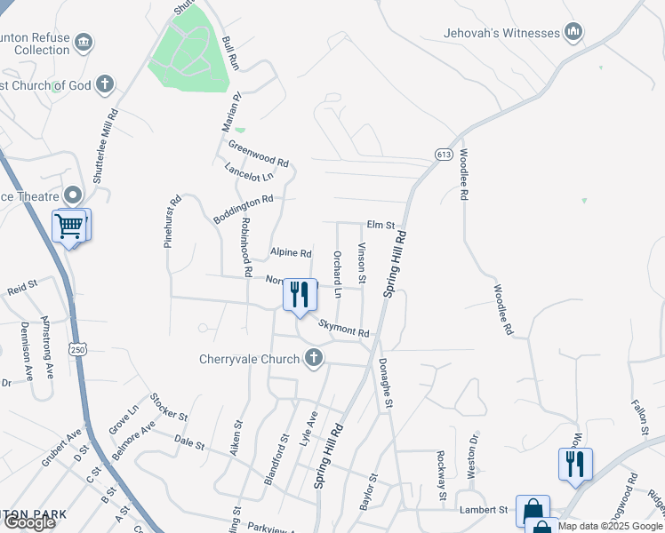 map of restaurants, bars, coffee shops, grocery stores, and more near 1802 Orchard Lane in Staunton