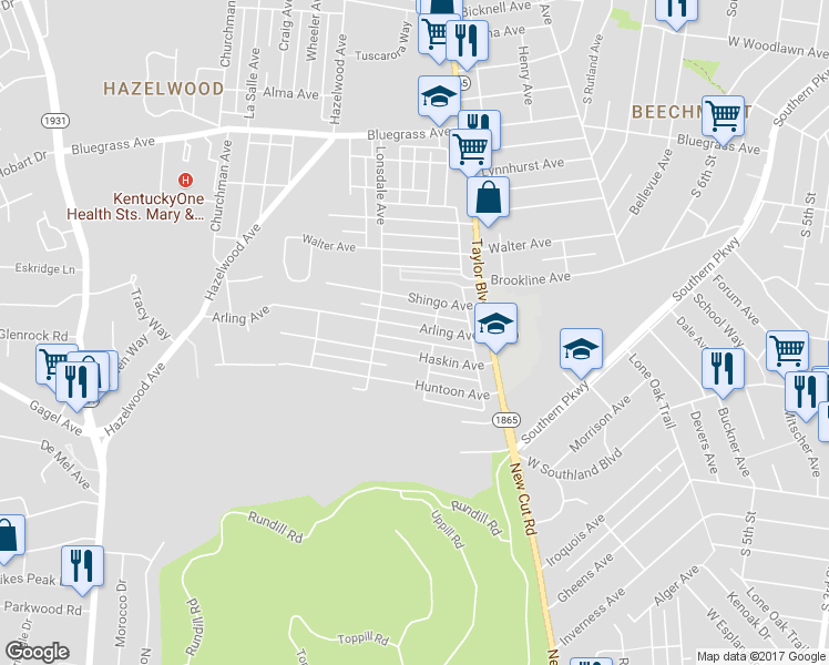 map of restaurants, bars, coffee shops, grocery stores, and more near 1412 Arling Avenue in Louisville
