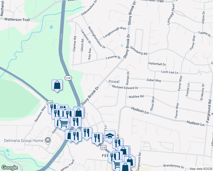 map of restaurants, bars, coffee shops, grocery stores, and more near 5102 Volney Court in Louisville
