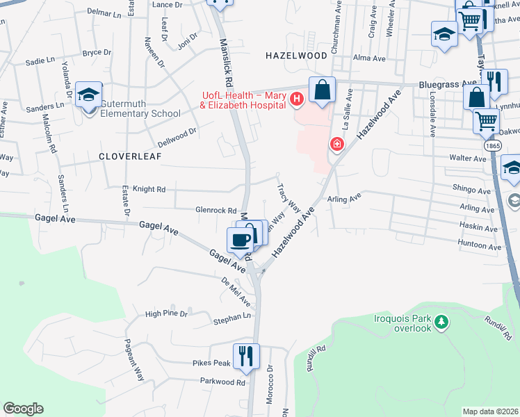 map of restaurants, bars, coffee shops, grocery stores, and more near 5406 Rolling Ridge Road in Louisville