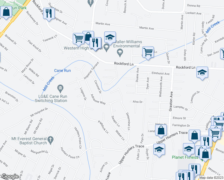 map of restaurants, bars, coffee shops, grocery stores, and more near 2407 Determine Court in Louisville