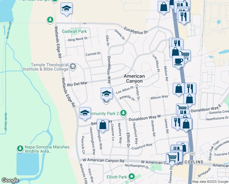 map of restaurants, bars, coffee shops, grocery stores, and more near 358 Los Altos Place in American Canyon